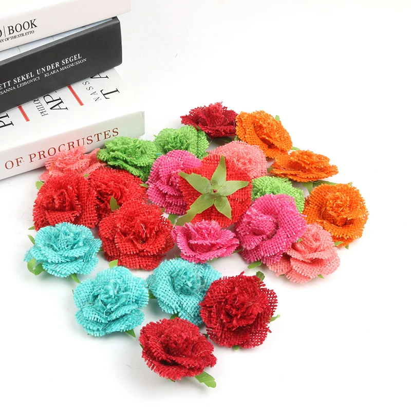 

100pcs Colorful Jute Burlap Hessian Artificial Flowers Bouquet Jute Flowers for Home Wedding Party Decor Fake Flowers DIY Crafts