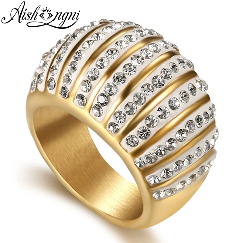 AISHANGNI Women Jewelry Ring Full Zirconia Big Gold Ring Top Quality