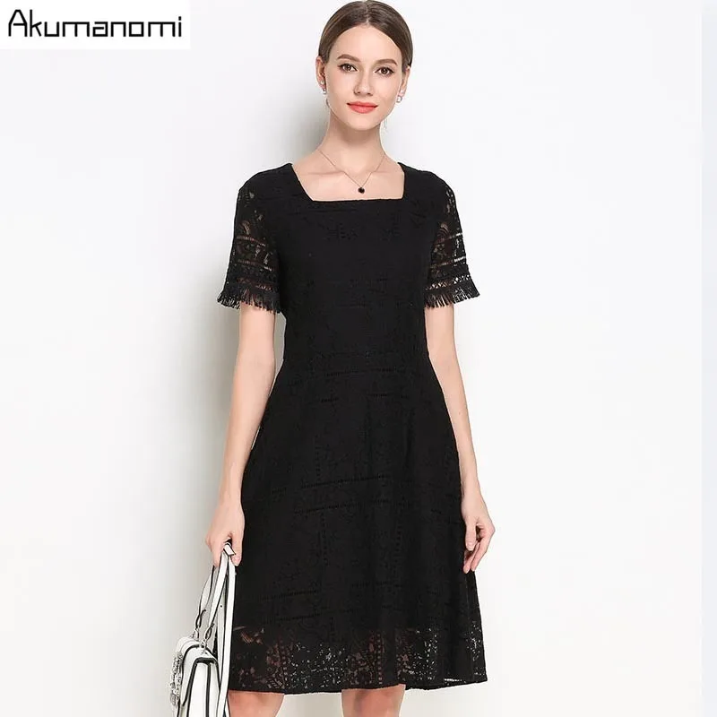 

Summer Lace Party Dress Women Clothing Black Square Collar Short Sleeve Tassel Cuff Dress Plus Size 5XL 4XL 3XL 2XL XL L M S