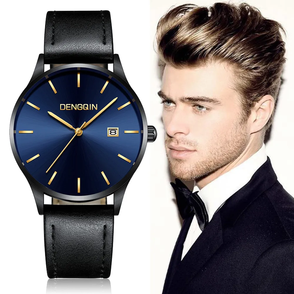 

Mens Watches Casua Stainless Steel Case Leather Band Quartz Analog Date Wrist Watch erkek kol saati reloj hombre marca de lujo