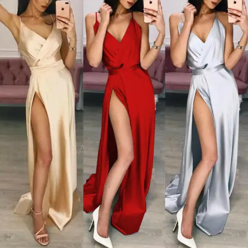 

Women Formal Wedding Bridesmaid Strap Dress Party Ball Prom Gown Elegant Solid Long Dresses Sexy Split Backless Sundress