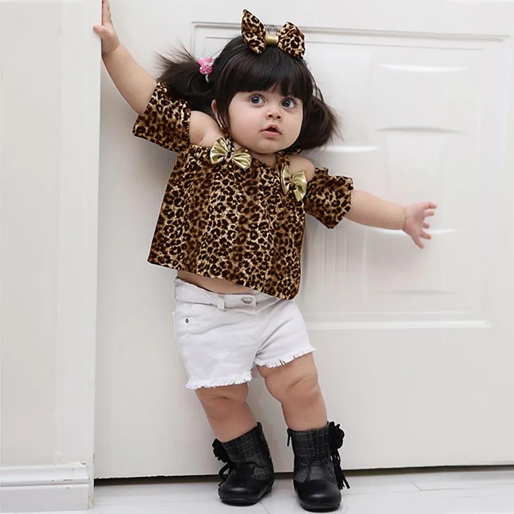 

baby girl clothes cute girl colthes set Toddler Baby Girls Off Shoulder Bow Leopard Print Tops+Hole Denim Shorts Outfits#y4