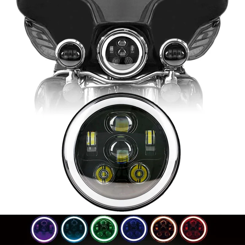 

45W 6 Lens 7 inch Round LED Headlight Daymaker LED Headlamp 7 inch with Halo Self-Driven RGB/ Automatic RGB ring for Harley Moto
