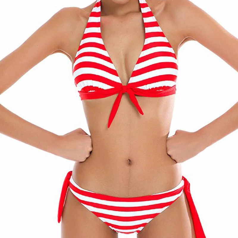 Sexy color striped strap hanging neck padded no steel ring split bikini two-piece swimsuit free shipping Sexy color striped strap hanging neck padded no steel ring split bikini two-piece swimsuit free shipping
