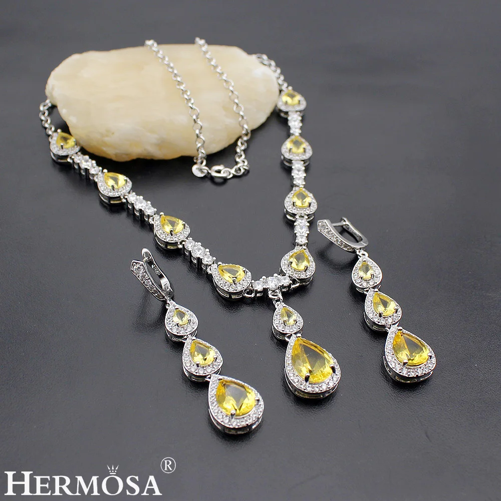

Hermosa Wedding Jewelry 925 Sterling Silver YellowCitrine Jewelry Sets Necklace ,Earrings F835 Free Shipping