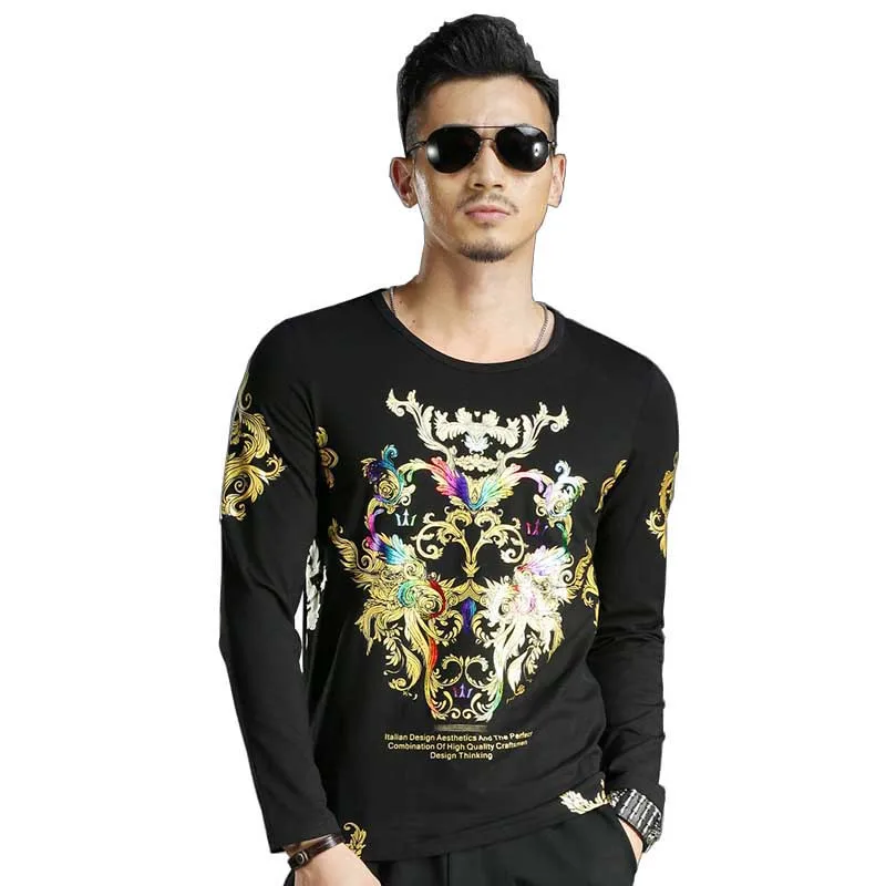 

Spring Summer Fashion Clothing Long Sleeve Tshirt Floral Print Cotton T-shirt Men Casual Slimming T Shirt Black Hip Hop Tshirts