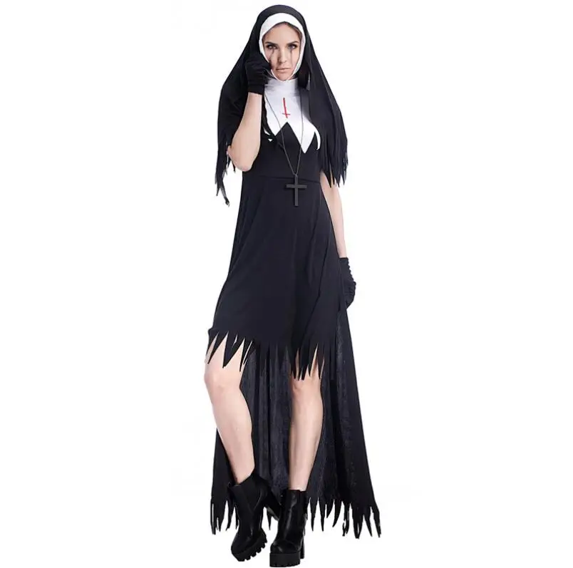 Сексуальный черный костюм Мэри Девы, костюм ведьмы для косплея, костюм на Хэллоуин, маскарадный костюм католической монахини, нарядное платье - Цвет: Черный