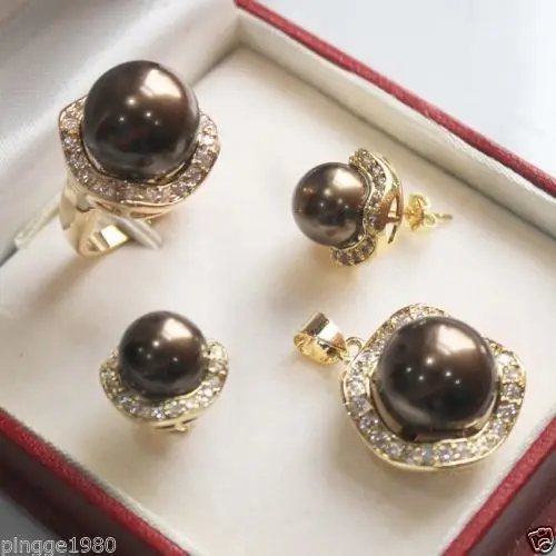 

Set 10mm &14mm brown South sea Shell Pearl Earrings Necklace Ring size 7 8 9 AAA style Fine Noble real Natural free shipping