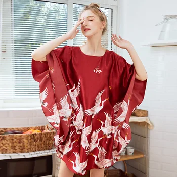 

Chinese Style Print Sleepwear Home Dress One Size Women Night Shirt Bat Sleeve Nightdress Plus Size Silky Casual Nightgown