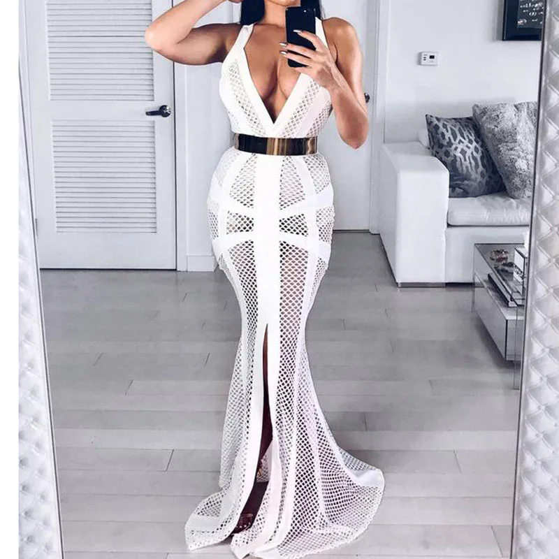 

Bevencel 2019 Wholesale New Spaghetti Strap V Neck Grid Patchwork Backless Elegant Split Celebrity Maxi Dresses Bandage Dress