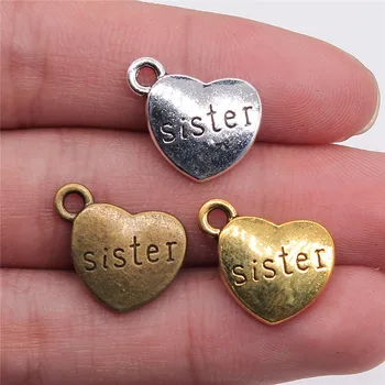 

WYSIWYG 15pcs 15x18mm 3 Colors Antique Gold Antique Silver Color Antique Bronze Family Sister Heart Charms Sister Charms