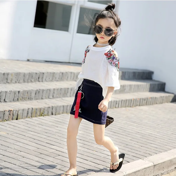 

children clothes summer embroidery blouse +skirt 2 pieces clothing set 110~160 12 years old 2017