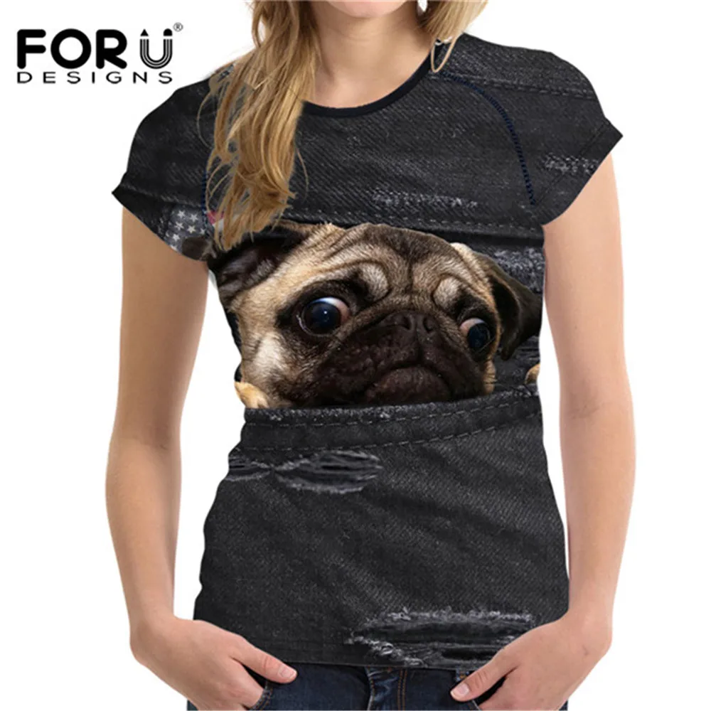 FORUDESIGNS/милые женские черные футболки с имитацией джинсовой мопса модные