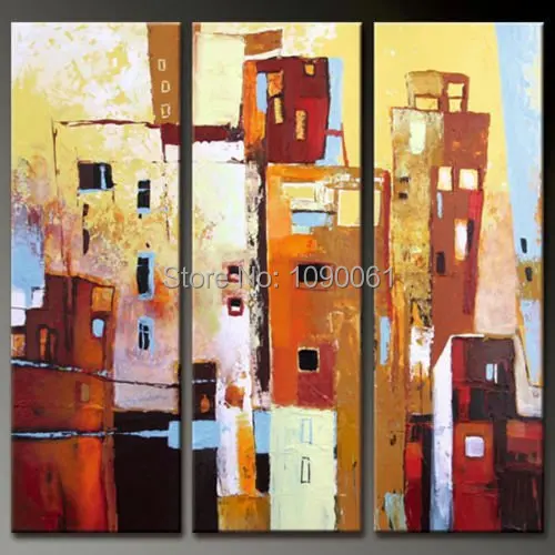 Hand Painted Abstract House Buildings Oil Painting Wall Art 3 Panel