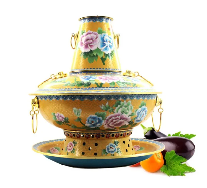 30cm Chinese Cloisonne peony purple pure copper hot pot thickening type