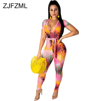

Snake Skin Print Romper Women Jumpsuit Streetwear Short Sleeve Deep V Neck Skinny Bodysuit Summer Belt Bodycon One Piece Overall