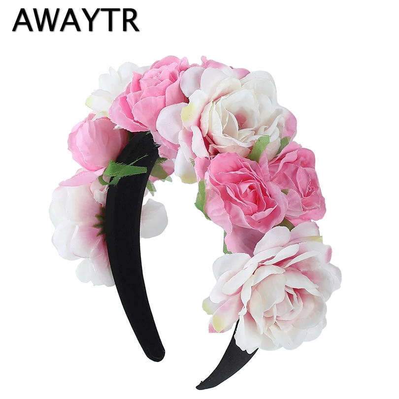 

AWAYTR 2019 New Women Girls Wedding Headband Kids Party Floral Garlands Flower Crown Rose Wreath Hairband Pink Hair Accessories