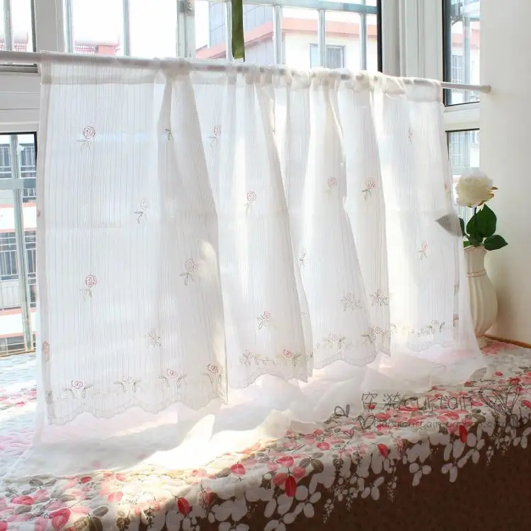 

Korean White Tulle Fabirc Double Layers Coffee Curtains Kitchen Cabinet Short Curtains Light Shading Embroidered Window Valance