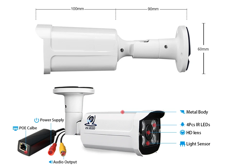 ZSVEDIO Surveillance Cameras Wire IP Camera POE P2P Indoor Motion Onvif H.264 Video Record Alarm Power Adapter Camera POE (15)