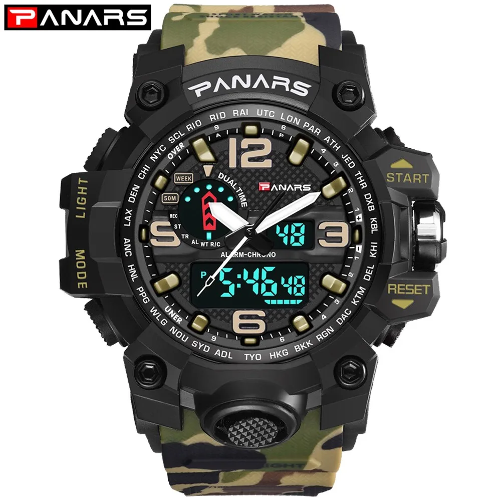 

PANARS Brand Men Watch Dual Time Camouflage Military Watch Digital Watch LED Wristwatch 50M Waterproof Men Clock Sport Watch