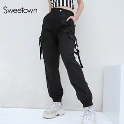 Sweetown Harajuku плюс размер женские брюки-карго черный Высокая Талия Pantalon роковой Бомбер Street Стиль Для женщин s джоггеры пот Штаны