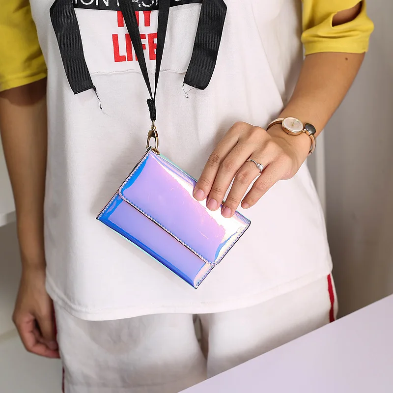 

2019 PU Leather Laser Trifold Lanyard Wallet Small Coin Purse with 2 Straps Short Women Wristlet Bag Lovely Cute