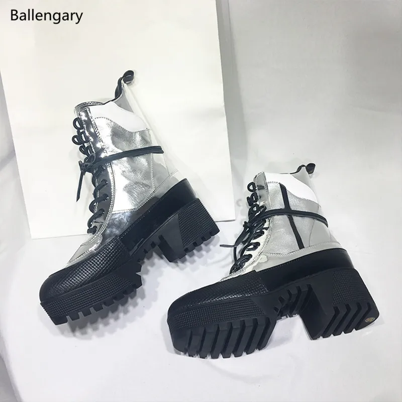 

Metallic Silver Genuine Leather Ankle Boots 2018 Fall Summer Chunky Sole High Heels Women Boots Chelsea Lace Up Shoes Woman