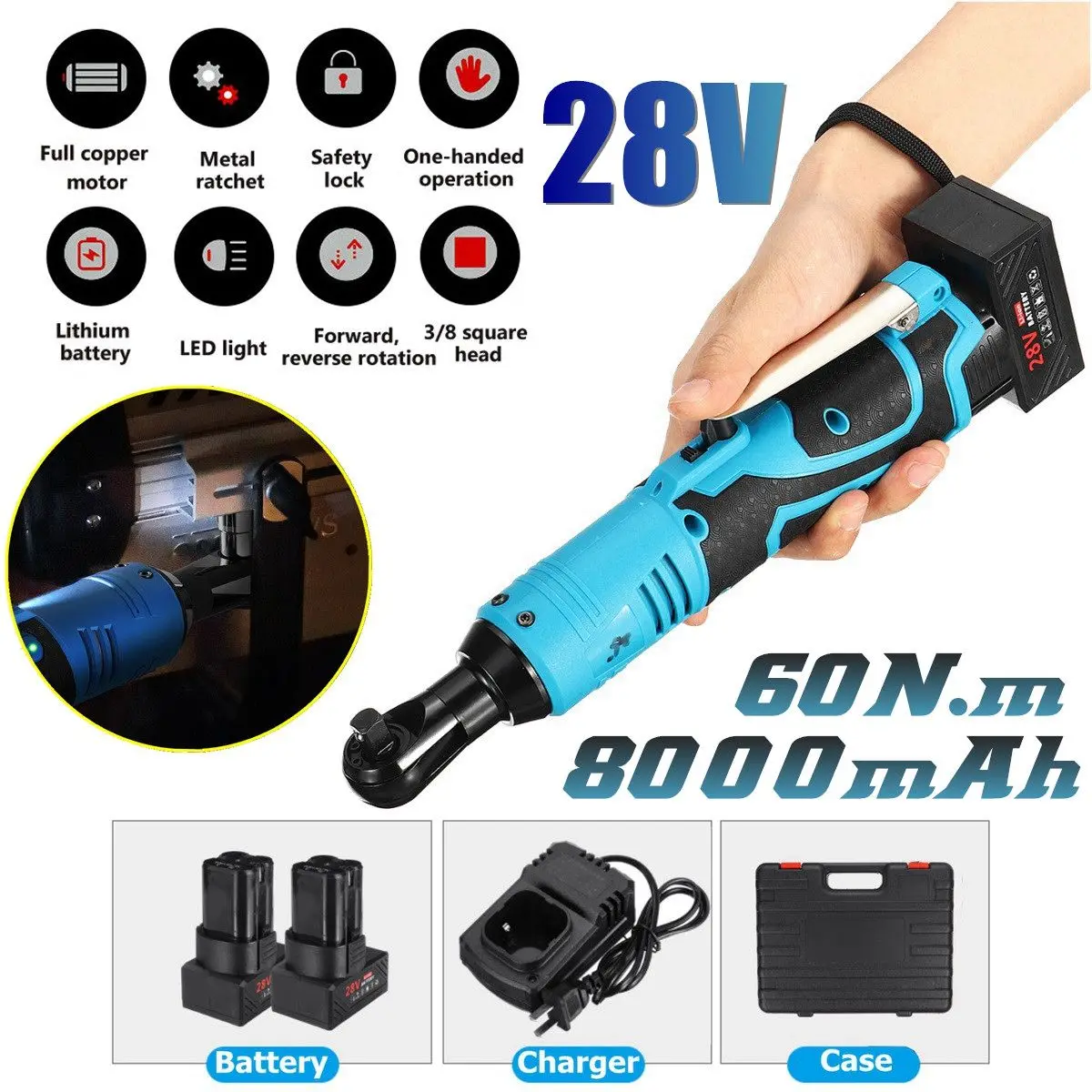 

28V 8000mAh 60N.m 3/8'' LED Lighting Cordless Electric Ratchet Wrench Set with 2pcs Li-Ion Battery Impact Wrench Power Tool