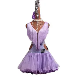 Фиолетовый Профессиональный костюм для латинских танцев для девочек, сексуальный костюм для латинских танцев со стразами для спортивных