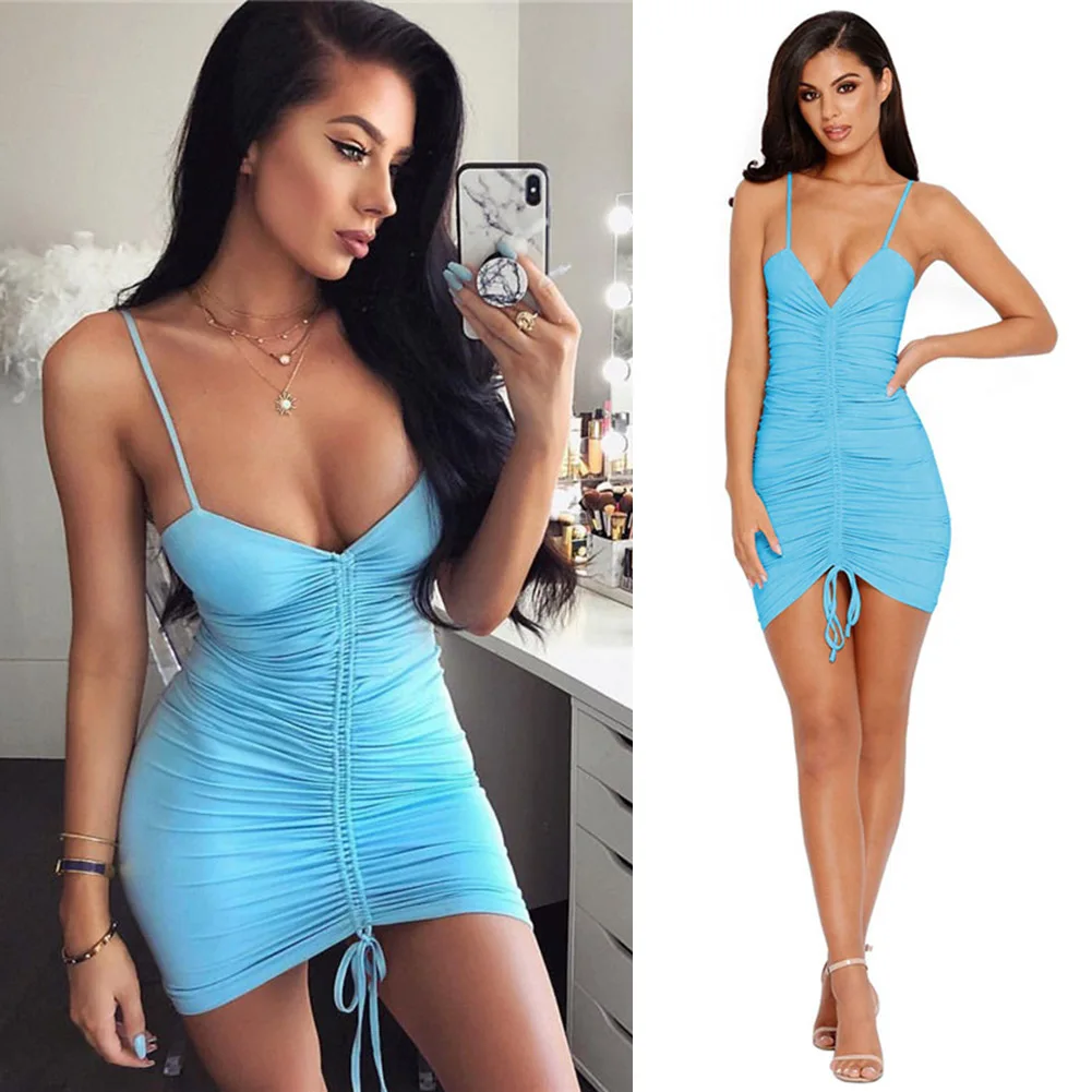 

Women Sling Dress Deep V Neck Slim Fit Wrinkle Solid Color Dress for Summer TT@88