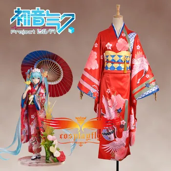 

Vocaloid Hatsune Miku Project Diva F Miku Crane Kimono Cosplay Costume Custom Made Adult Women Outfit Sashes Clothing Red Dress