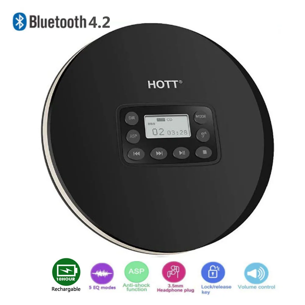Портативный CD плеер HOTT 711T Bluetooth с перезаряжаемой батареей светодиодный дисплей