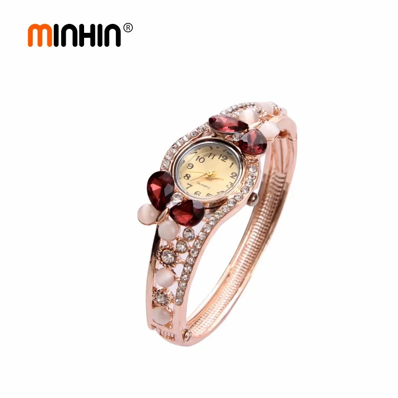 MINHIN 4 цвета Мульти Кристалл манжета браслет часы позолоченный браслет женское платье кварцевые часы модные женские повседневные наручные часы