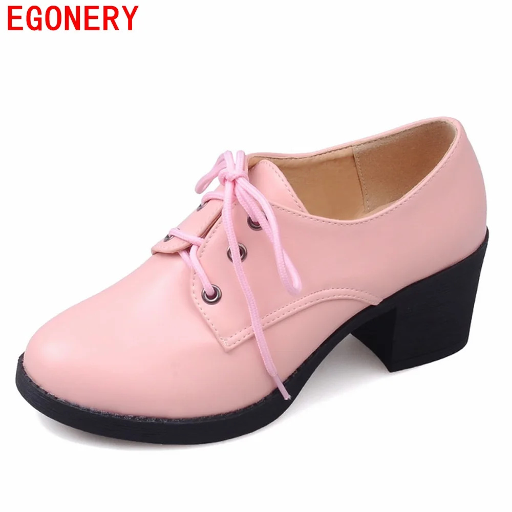 

Casual Rubber Sole Lace Up Thick Heels PU Faux Leather Elegant Lady Ankle Shoes Womens Pumps Bigger Size 40-43
