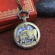 Chaoyada Новые мужские и женские большие цифровые полые 12 зодиакальных Коровьих животных кварцевые карманные часы унисекс античный флип Висячие часы с цепочкой