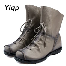 Женские ботинки из натуральной кожи размера плюс; сезон осень-зима; Модные ботильоны со складками; теплая мягкая повседневная обувь на плоской подошве для женщин