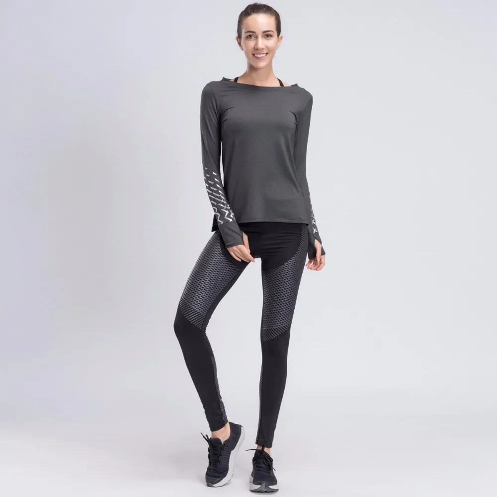 Sport Yoga Set Women Gym Clothing Gray Patchwork Fitness Suit Female