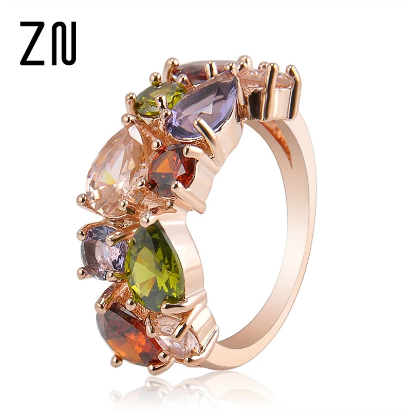 Colorful Rhinestone Ring Hypoallergenic Copper Rose Gold Engagement Wedding Rings for Women
