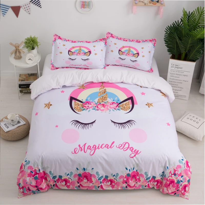 

3D Colorful Unicorn Bedding Set Reactive Printing 2/3 Pieces Pillowcase Duvet Cover Sets Home Textile Bedspread Twin Full Queen