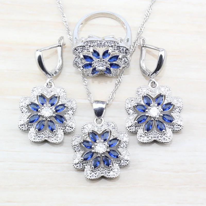 

Blue Big Flower Vintage Costume 925 Silver Jewelry Sets Dangle Earrings Necklace And Ring Size 6/7/8/9/10 For Women Accessories