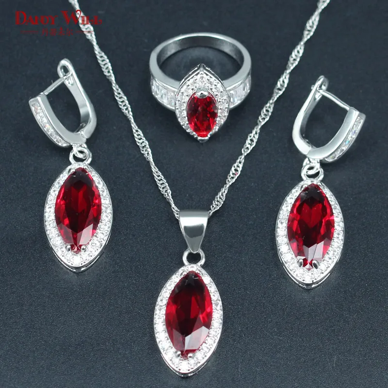 

Hot Sale Women bridal Wedding Jewelry Sets Silver Color 925 Logo Red Crystal White CZ Earrings/Pendants/Necklace/Rings