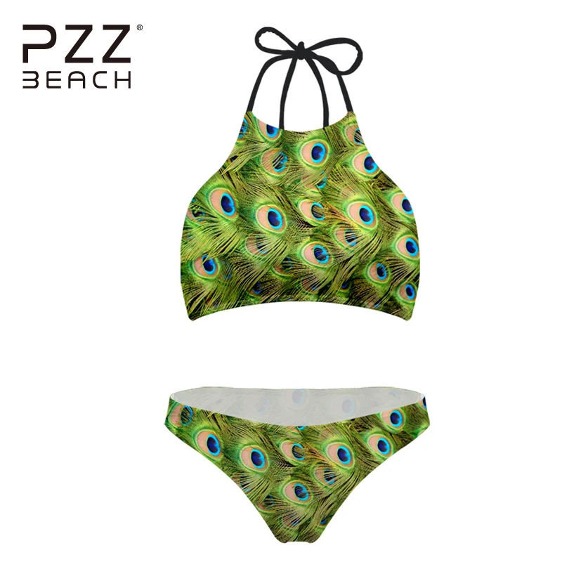 

Peacock Print Women Swimwear Halter High Neck Swimsuit Push Up Bikini Set Crop Top Bathing Suits Monokini Biquini