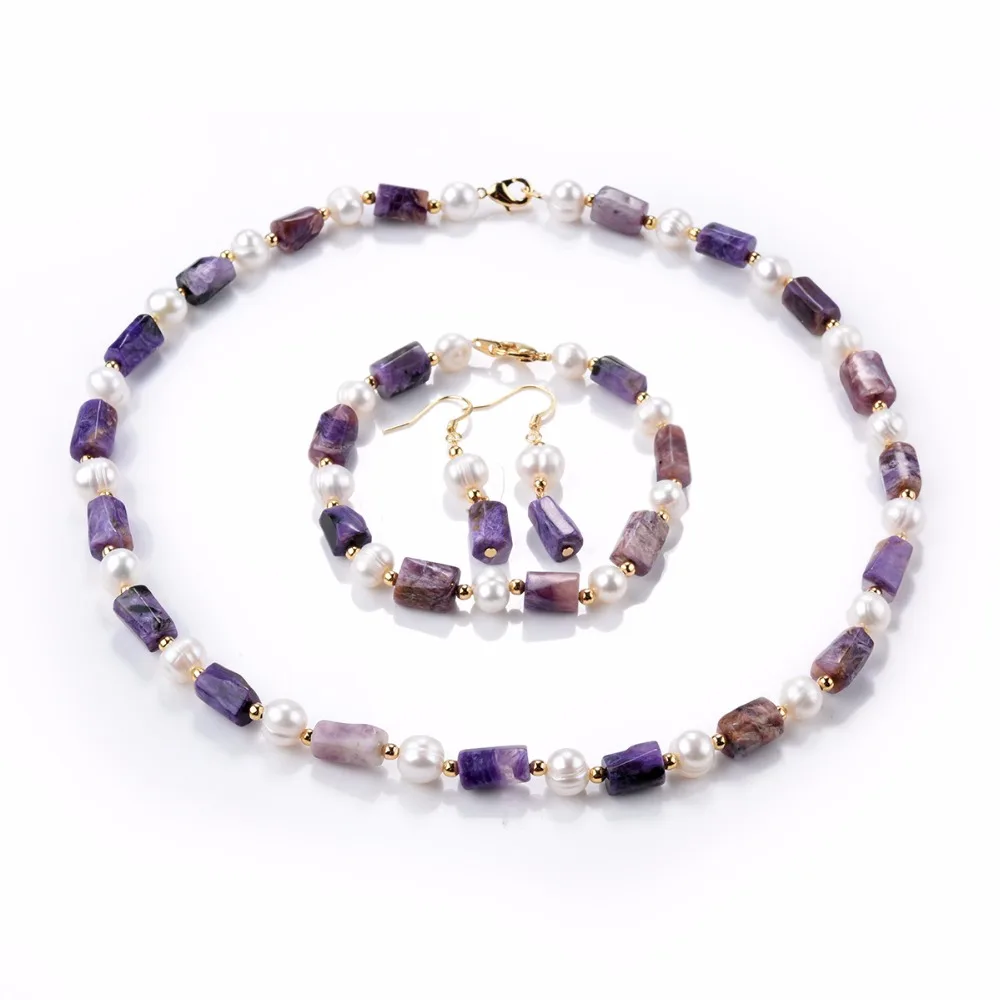 

CKKU Jewelry 2019 Charoite Purple Stone White Pearls Beaded Necklace Bracelet Earring Charms Jewelry Set for Ladies Gift PD372