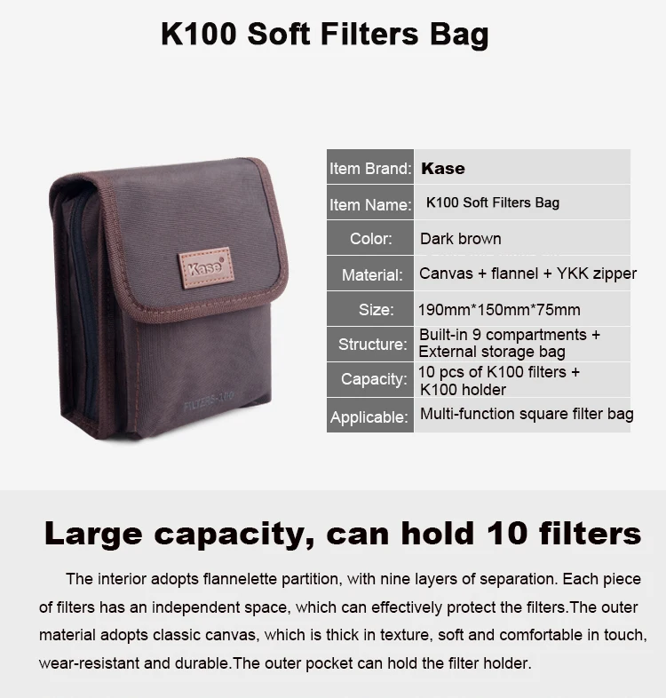 Kase 100mm series Canvas Filter Soft Bag Protector Case Pouch for 100x100mm 100x150mm Square Filters,Can hold 10 Filters