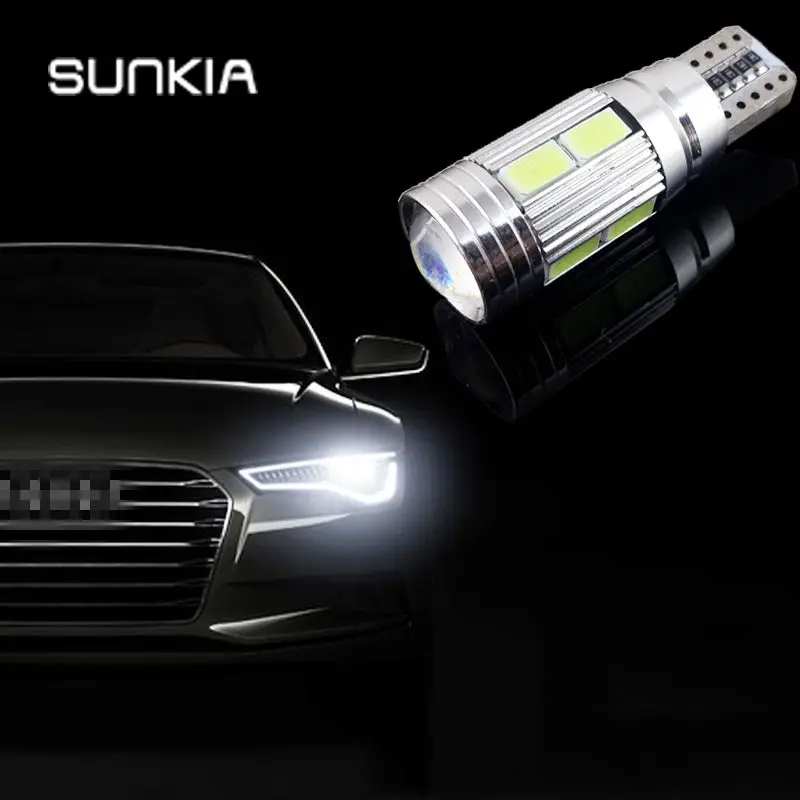 SUNKIA 2 шт./лот W5W T10 без ошибок внутренний Белый светодиодный CANBUS 10-SMD 5630 с объективом проектор Алюминиевый Чехол лампы