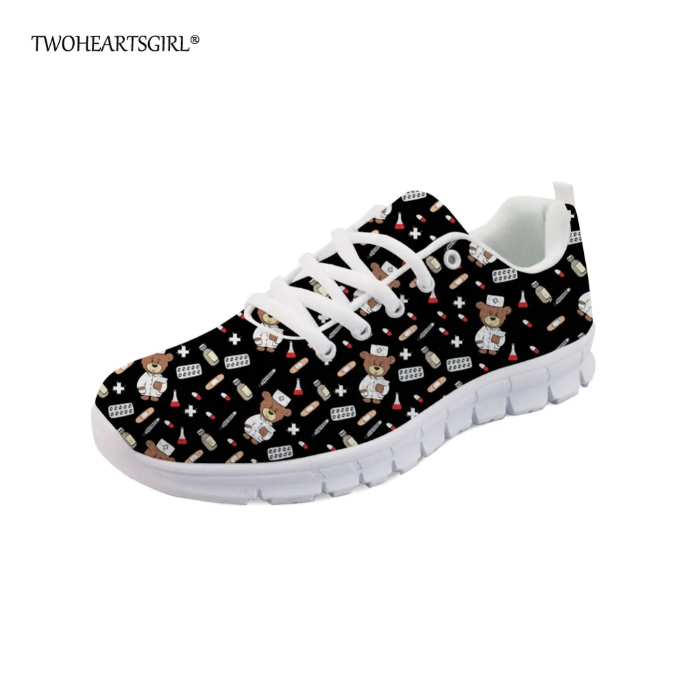 

Twoheartsgirl Black Cartoon Nurse Bear Flats Comfortable Summer Mesh Shoes for Women Cute Personalized Lace-up Flats Breathable