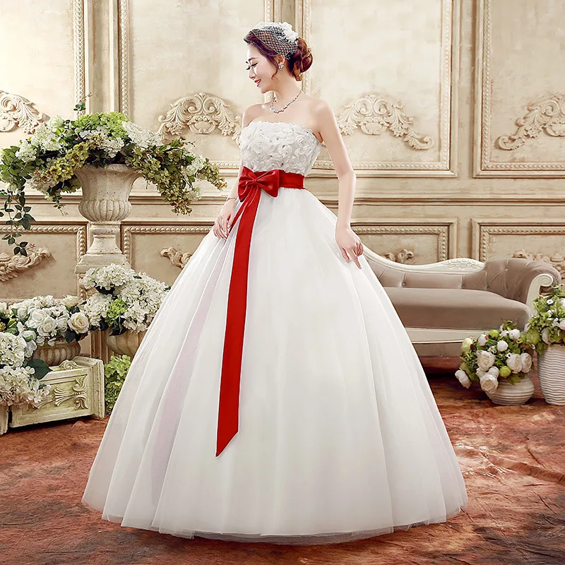 Реальные фотографии линии без бретелек Белый Кружевной Тюль свадебное платье с Красный кушак