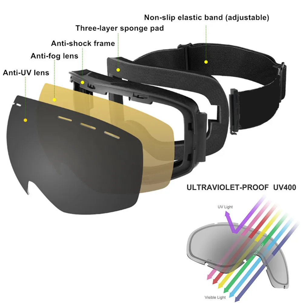 مرحبا الأسود تزلج نظارات الرجال النساء مزدوجة عدسة UV400 مكافحة الضباب التزلج نظارات سنو نظارات الكبار التزلج على الجليد نظارات
