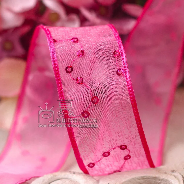 100yards 25mm 38mm glitter polka dots korean wired organza sheer ribbon for wedding decorative supplies flower packing ribbon - Цвет: hot pink
