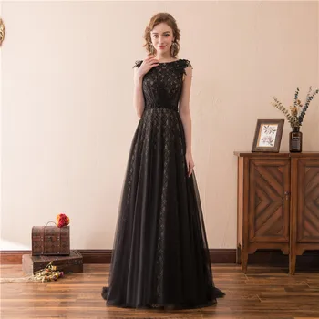 

Long evening dresses black tulle lace appliques boat neck sleeveless women evening dress elegant floor length illusion vestidos